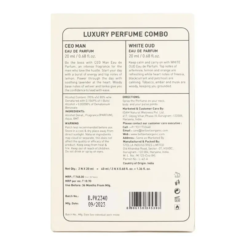 Bella Vita Luxury CEO Man + White Oud Perfume Combo – 40ml (Pack of 2, 20ml Each) Bella Vita Luxury Unisex CEO Man+WHite OUD Perfume Combo