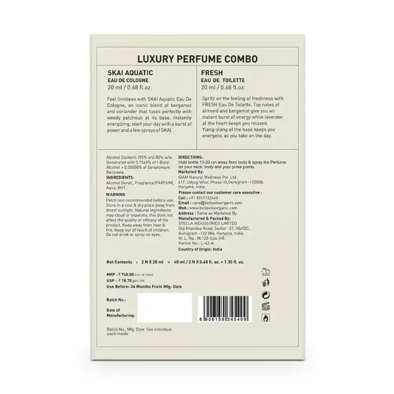 Bella Vita Luxury Unisex FRESH+SKAI Perfume Combo - 40ml (Pack of 2, 20ml Each) Bella Vita Luxury Unisex Fresh+Skai Perfume Combo