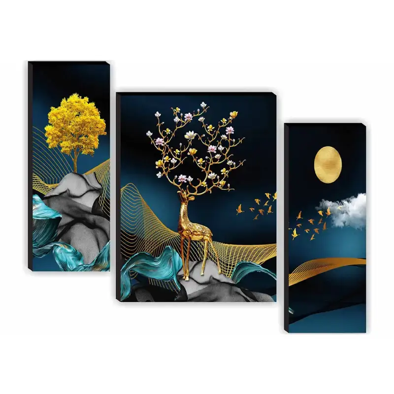 Set of 3 Deer Nature 3D Modern Art Framed Paintings - MDF Deer Nature 3D Framed Paintings