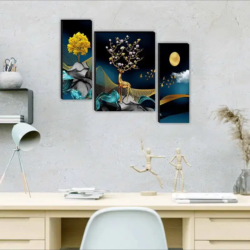 Set of 3 Deer Nature 3D Modern Art Framed Paintings - MDF Deer Nature 3D Framed Paintings