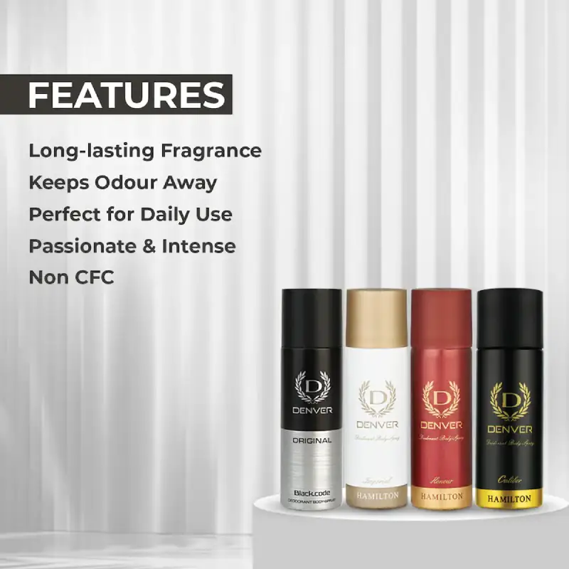 DENVER Nano Deo Combo Pack - Black Code, Caliber, Honour, Imperial, 50ml Each, Set of 4 DENVER Nano Deo Combo - Black Code, Caliber, Honour, Imperial