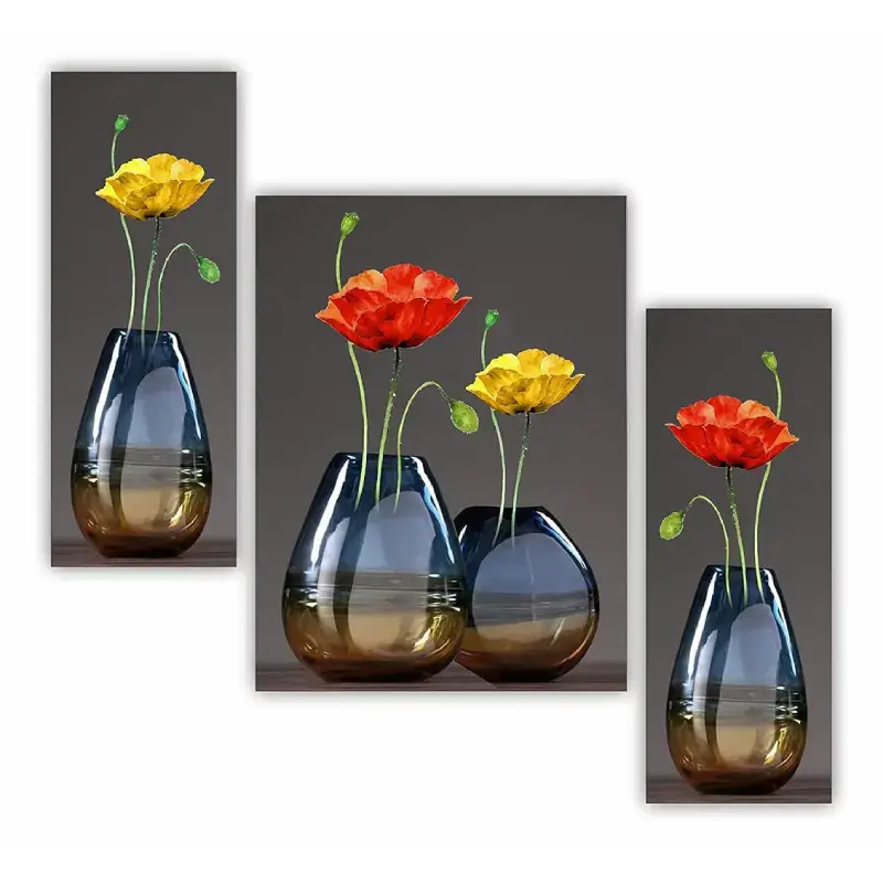 Set of 3 Floral Modern Art Wall Paintings with UV Print - MDF Floral Modern Art Wall Paintings