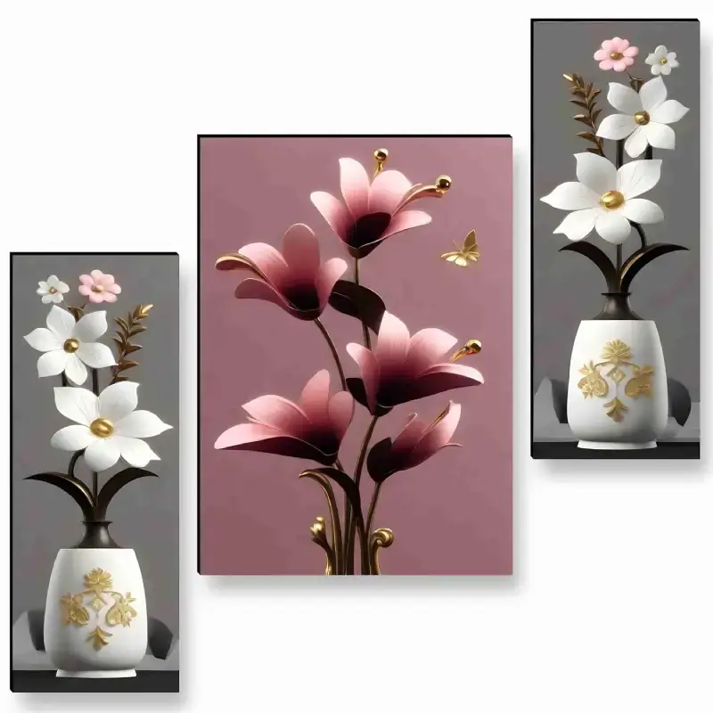 Set of 3 Flower Pot 3D Wall Art Paintings for Home and Office Flower Pot 3D Wall Art Paintings