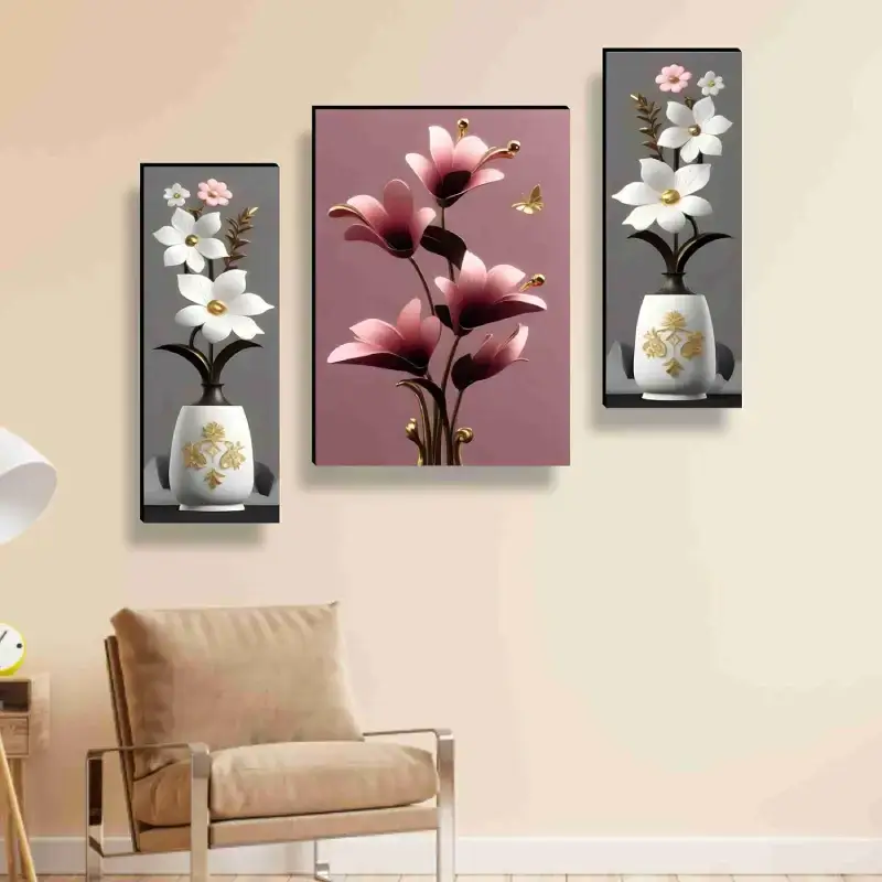 Set of 3 Flower Pot 3D Wall Art Paintings for Home and Office Flower Pot 3D Wall Art Paintings