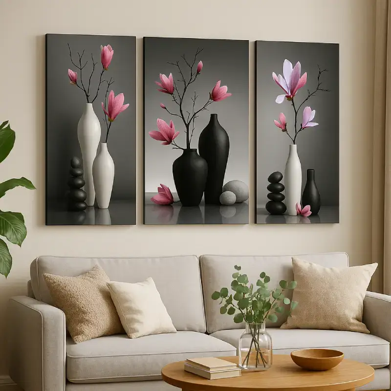 Set of 3 Flower Pot Self-Adhesive Wall Paintings - UV Textured MDF Flower Pot Self-Adhesive Wall Paintings