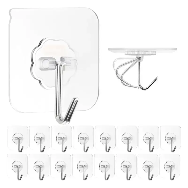 Heavy Duty Adhesive Wall Hooks - Transparent, Pack of 20 Heavy Duty Adhesive Wall Hooks