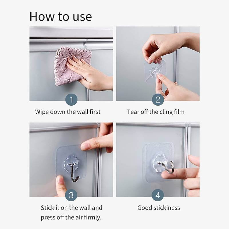 Heavy Duty Adhesive Wall Hooks - Transparent, Pack of 20 Heavy Duty Adhesive Wall Hooks