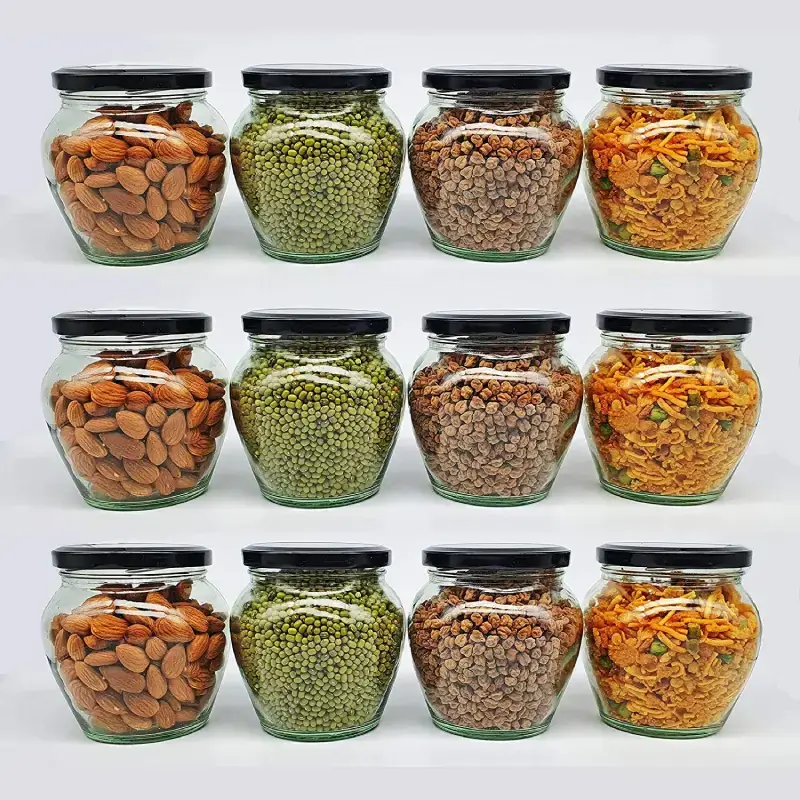 Matka Shape Glass Jars with Airtight Metal Lid - 350ml, Set of 12 Matka Shape Glass Jars