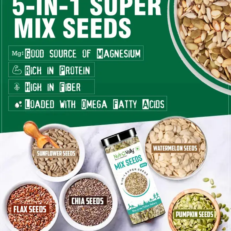 NutroVally 5-in-1 Mix Seeds Combo - 200g Jar (Chia, Flax, Pumpkin, Sunflower, and Watermelon seeds) NutroVally Seed Mix
