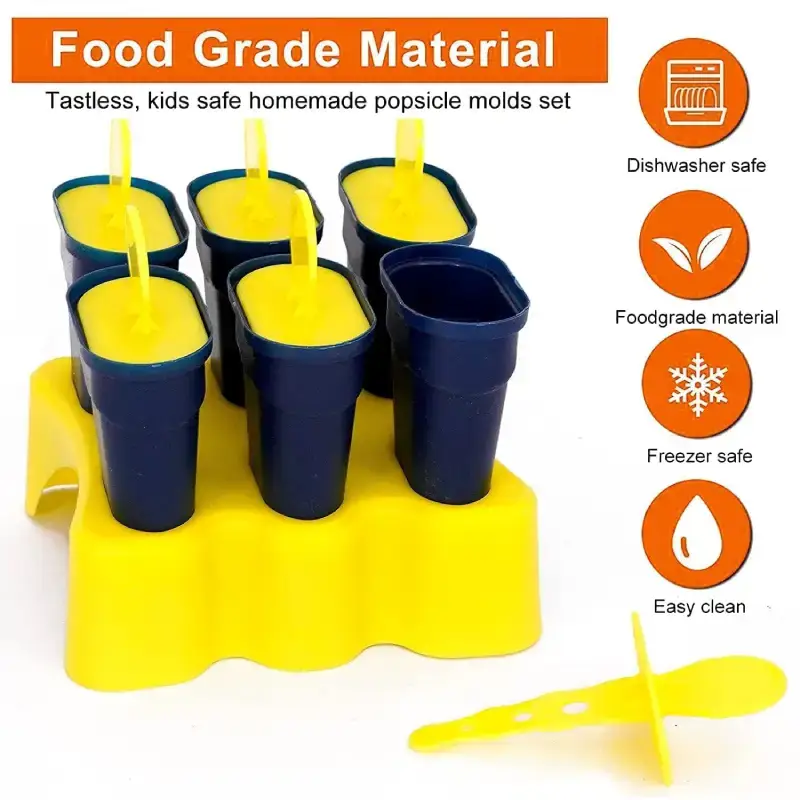 Set of 6 Reusable Food-Grade Plastic Popsicle Moulds - Blue & Yellow Popsicle Moulds