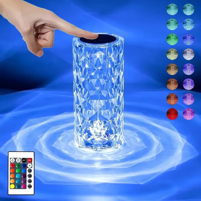 Rose Crystal LED Table Lamp with 16 Colors and Remote - Rechargeable Rose Crystal LED Table Lamp