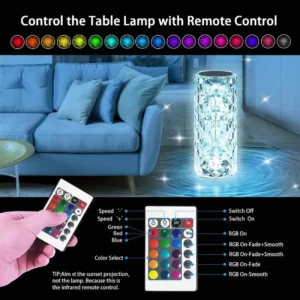 Rose Crystal LED Table Lamp with 16 Colors and Remote - Rechargeable Rose Crystal LED Table Lamp