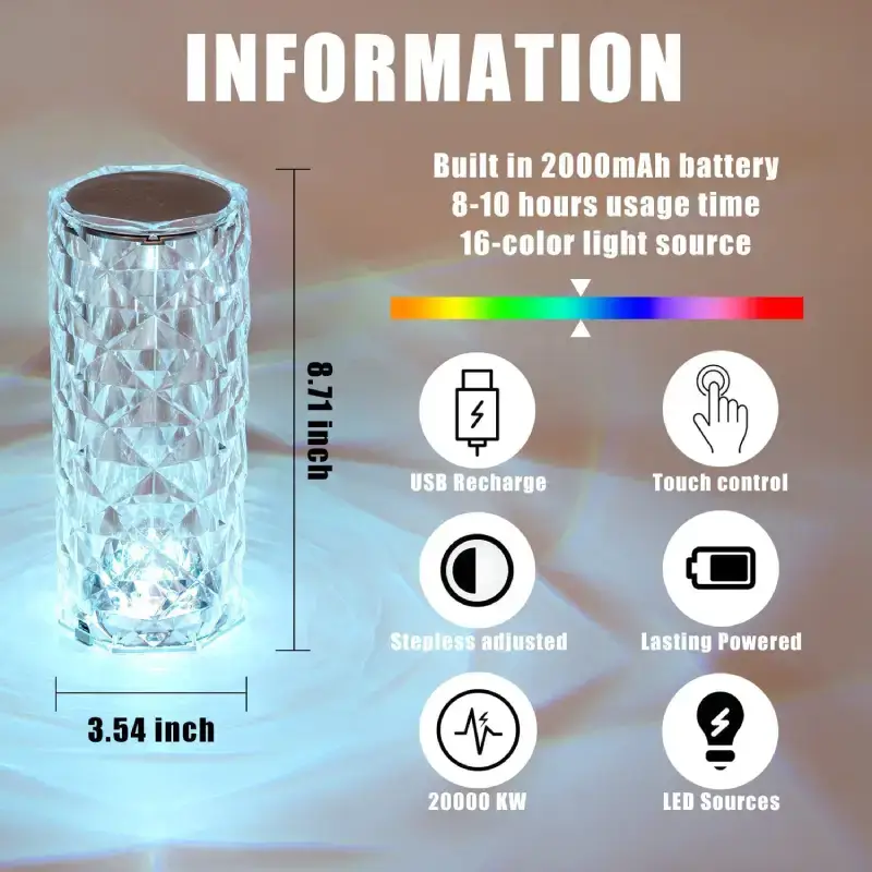 Rose Crystal LED Table Lamp with 16 Colors and Remote - Rechargeable Rose Crystal LED Table Lamp