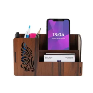 Wooden Pen Stand with Card & Mobile Holder - Multipurpose Organizer Wooden Pen Stand with Card & Mobile Holder