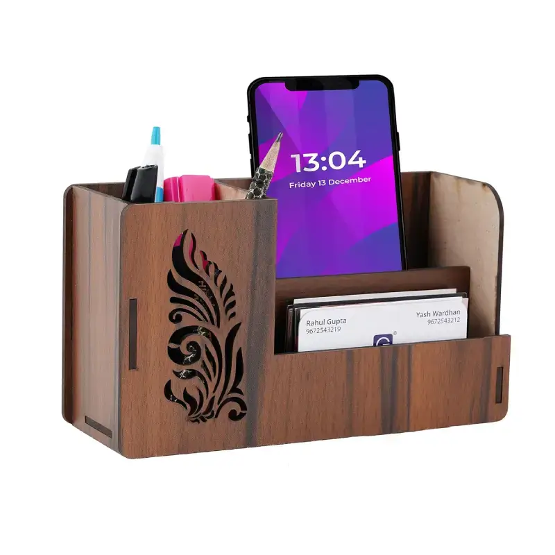 Wooden Pen Stand with Card & Mobile Holder - Multipurpose Organizer Wooden Pen Stand with Card & Mobile Holder
