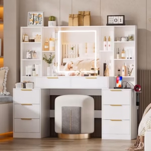 Shoppy 59" Large Makeup Vanity Desk with Lighted Mirror & Power Outlet – White Dresser Table with Drawers & Shelves shoppy makeup vanity with power outlet