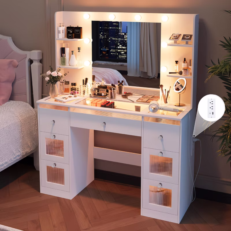 Shoppy Makeup Vanity with 7 Lighted Drawers & 3-Color LED Mirror – Glass Top Dressing Table for Bedroom shoppy lighted drawers makeup vanity