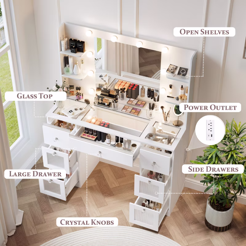 Shoppy Makeup Vanity with 7 Lighted Drawers & 3-Color LED Mirror – Glass Top Dressing Table for Bedroom shoppy lighted drawers makeup vanity