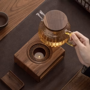 shoppy walnut wood teapot warmer stand