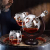 Shoppy Men's Whiskey Decanter Set – Etched World Ball Design with Wooden Stand (850ml + 350ml Glasses) Shoppy whiskey decanter set for men