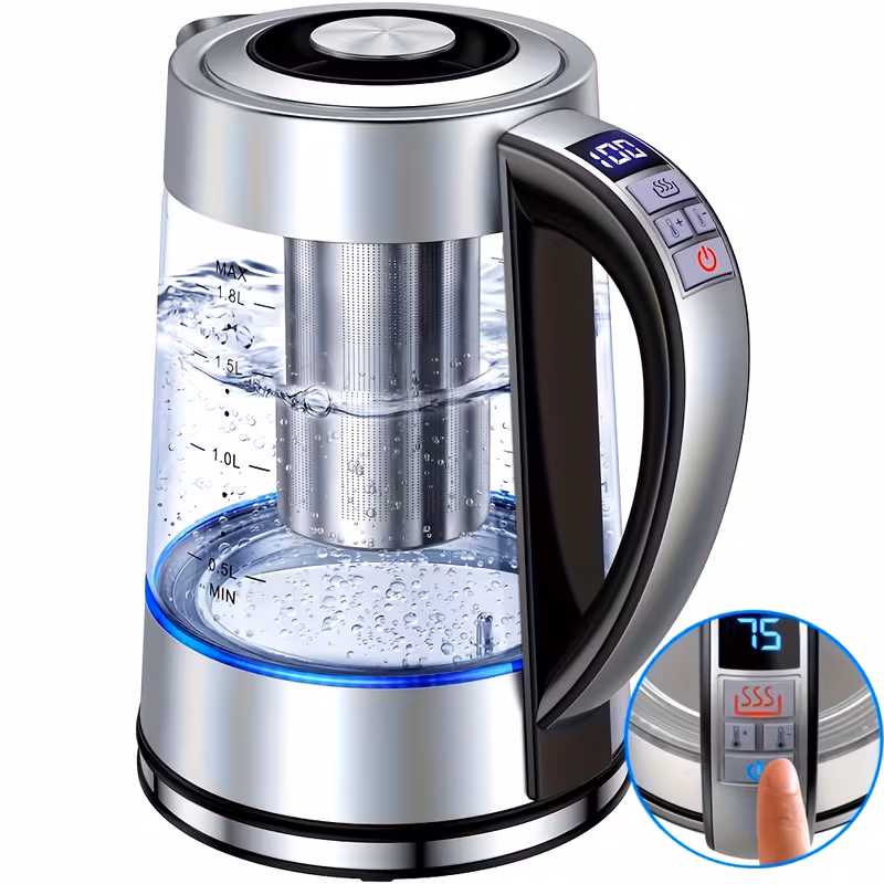 Shoppy 1.8L Electric Glass Kettle – 12 Temperature Controls, 24-Hour Keep Warm, Stainless Steel Filter for Tea & Coffee Shoppy electric glass kettle with temperature control