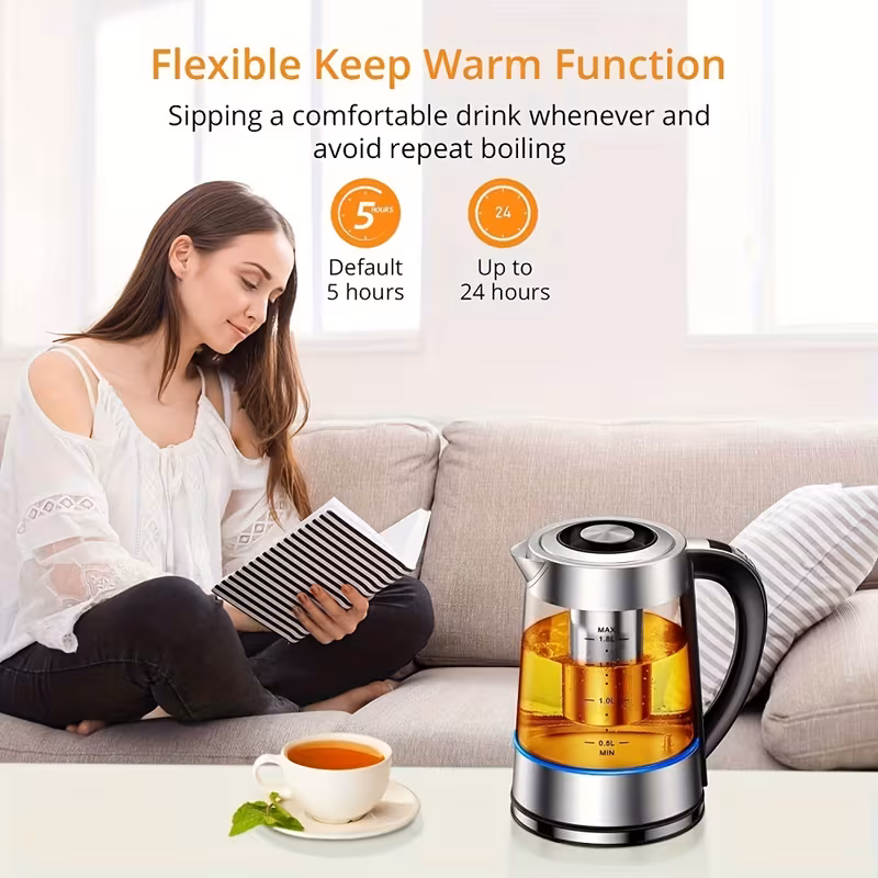 Shoppy 1.8L Electric Glass Kettle – 12 Temperature Controls, 24-Hour Keep Warm, Stainless Steel Filter for Tea & Coffee Shoppy electric glass kettle with temperature control