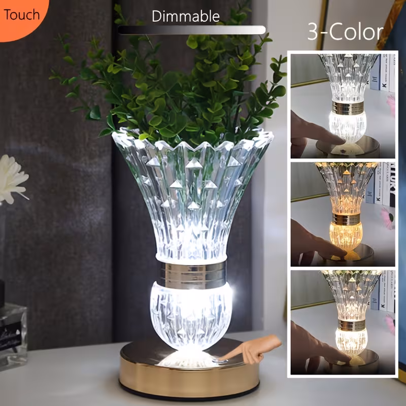 Shoppy Crystal Vase Table Lamp – Touch Control, Adjustable Brightness, USB Rechargeable with 3 Color Modes Shoppy crystal vase table lamp rechargeable