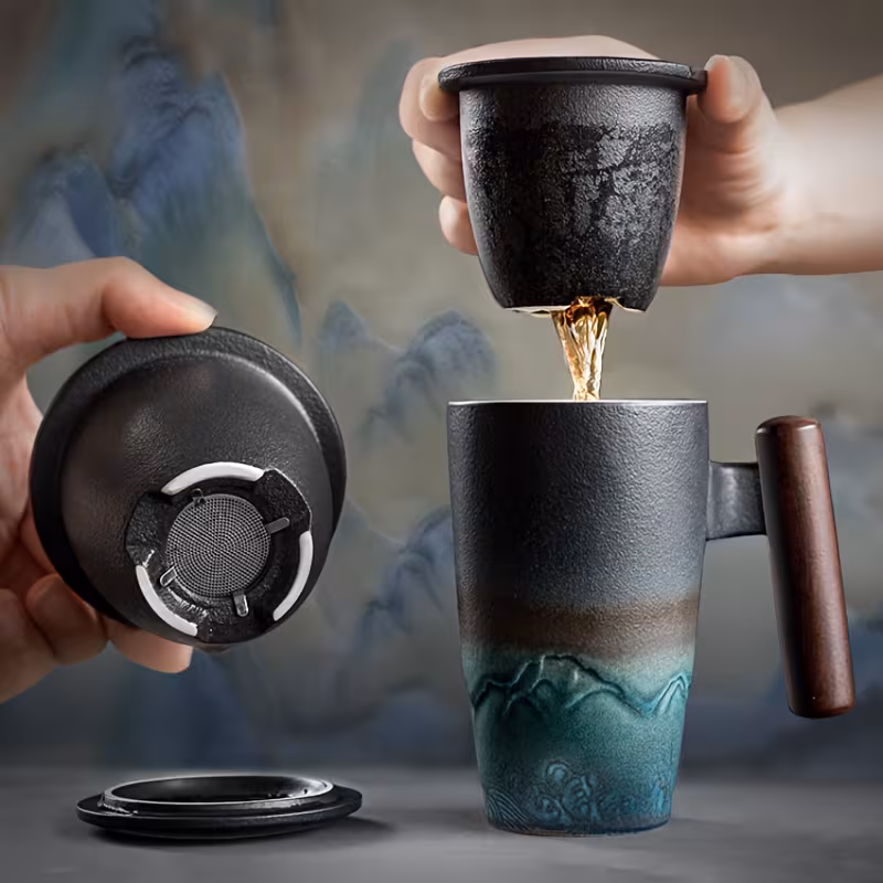 Shoppy Handmade Large Ceramic Tea Mug with Strainer – Retro Pottery Tea Cup for Home & Office Shoppy handmade ceramic tea mug with strainer
