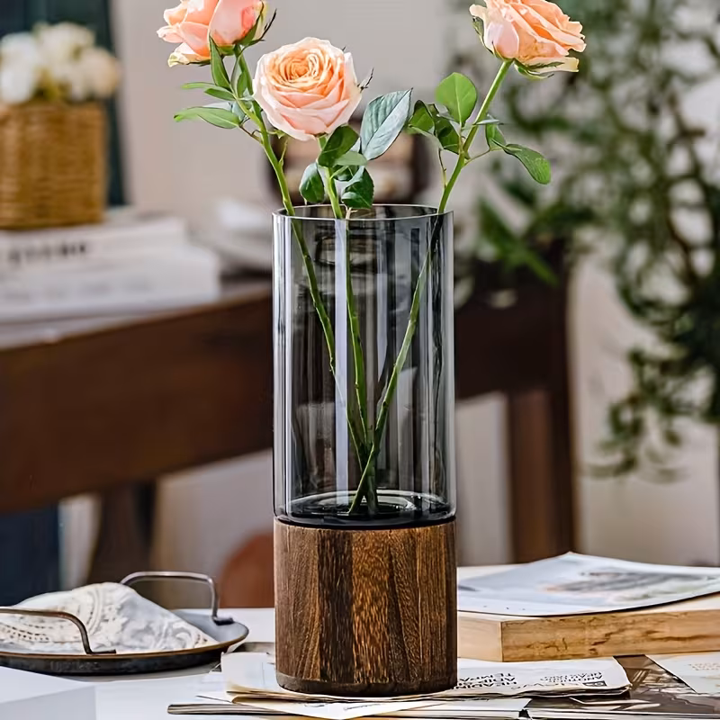 Shoppy Modern Minimalist Glass Vase with Base – Clear Cylinder, Elegant Home Decor for Living Room & Dining Table Shoppy modern minimalist glass vase with base