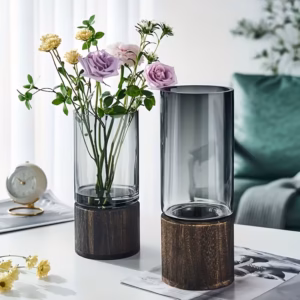 Shoppy Modern Minimalist Glass Vase with Base – Clear Cylinder, Elegant Home Decor for Living Room & Dining Table Shoppy modern minimalist glass vase with base