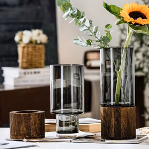 Shoppy Modern Minimalist Glass Vase with Base – Clear Cylinder, Elegant Home Decor for Living Room & Dining Table Shoppy modern minimalist glass vase with base