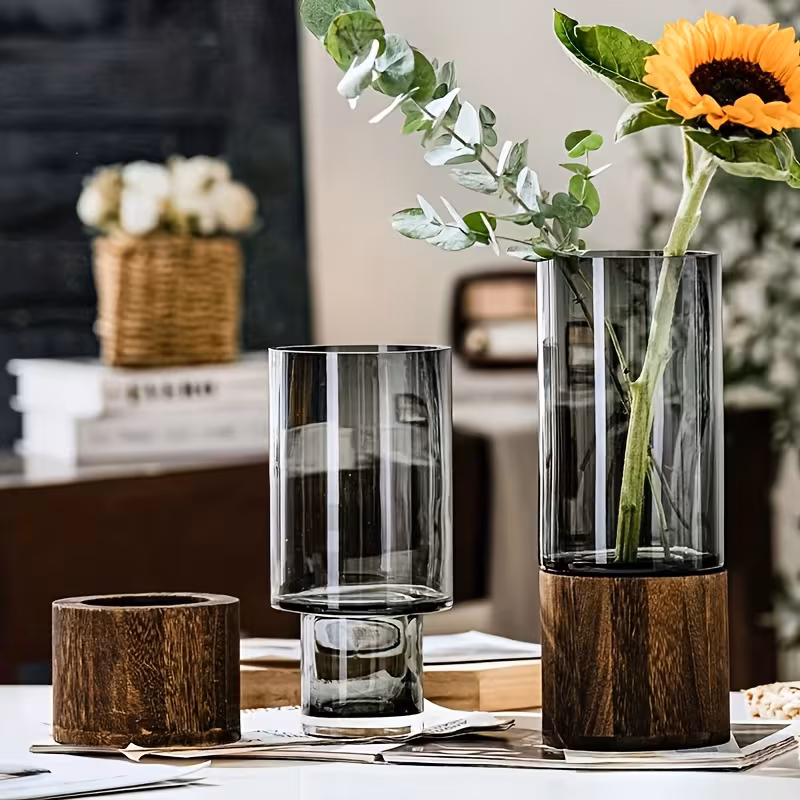 Shoppy Modern Minimalist Glass Vase with Base – Clear Cylinder, Elegant Home Decor for Living Room & Dining Table Shoppy modern minimalist glass vase with base