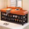Shoppy Contemporary Shoe Changing Bench – Cushioned Seat & Shoe Storage Organizer with Metal Frame for Entryway Shoppy shoe changing bench with storage