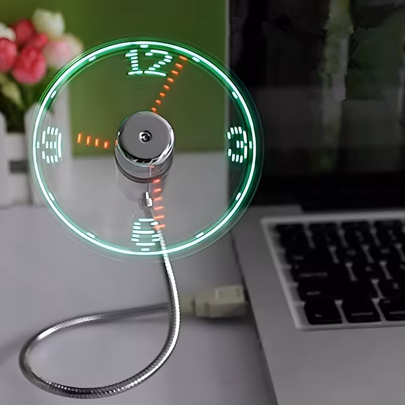 Shoppy Flexible USB LED Clock Fan – Real Time Display, Portable Mini Cooling Fan for Laptop & Computer Shoppy USB LED clock fan