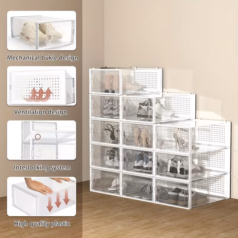Shoppy 24-Pack Stackable Shoe Organizer – Clear Plastic Interlocking Shoe Container for Closet, Collapsible with Lid Shoppy stackable shoe organizer clear plastic 24 pack