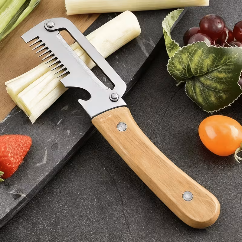 Shoppy 3-in-1 Wooden Handle Scallion Slicer – Manual Green Onion Cutter, Fruit & Vegetable Peeler with Bottle Opener, 420 Stainless Steel Shoppy 3 in 1 scallion slicer with wooden handle