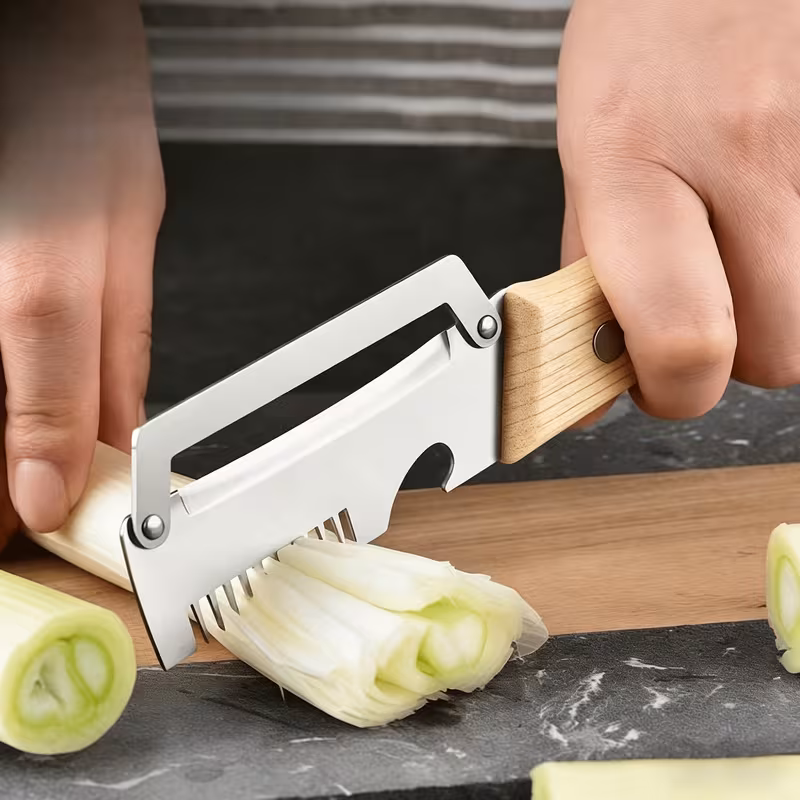 Shoppy 3-in-1 Wooden Handle Scallion Slicer – Manual Green Onion Cutter, Fruit & Vegetable Peeler with Bottle Opener, 420 Stainless Steel Shoppy 3 in 1 scallion slicer with wooden handle