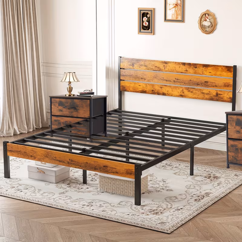 Shoppy Metal Frame Bed Frame with Headboard – Sturdy Wood Slats, 800 lbs Capacity, No Box Spring, Includes Bedside Organizer Option Shoppy metal bed frame with headboard no box spring