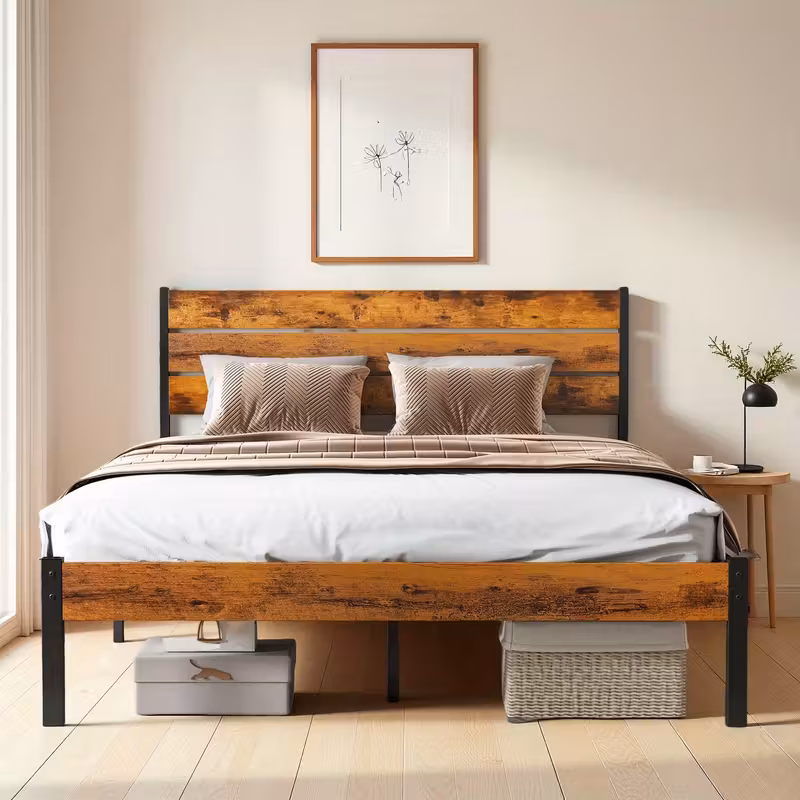 Shoppy Metal Frame Bed Frame with Headboard – Sturdy Wood Slats, 800 lbs Capacity, No Box Spring, Includes Bedside Organizer Option Shoppy metal bed frame with headboard no box spring
