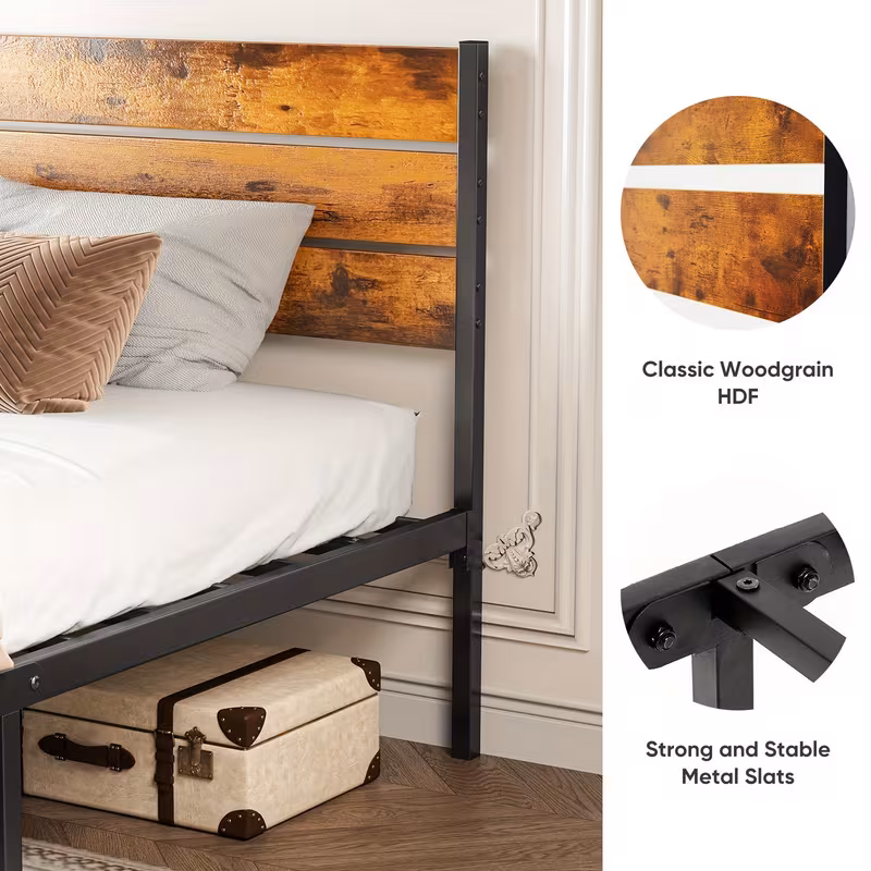 Shoppy Metal Frame Bed Frame with Headboard – Sturdy Wood Slats, 800 lbs Capacity, No Box Spring, Includes Bedside Organizer Option Shoppy metal bed frame with headboard no box spring