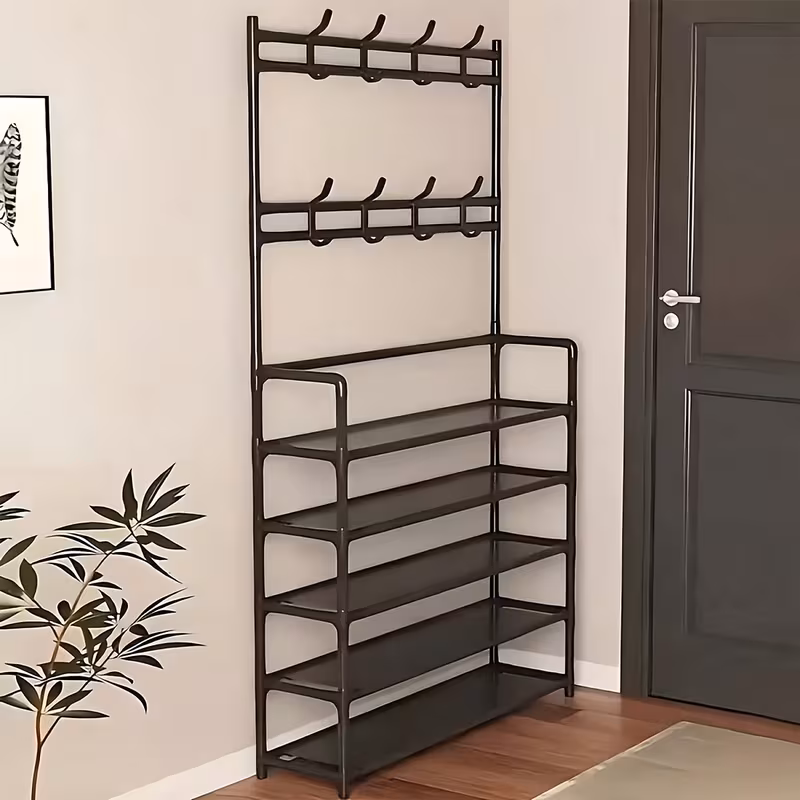 Shoppy Multifunctional Hallway Shoe & Hat Storage Rack – Freestanding Organizer, Shoe Shelves & Hanging Clothes Rack for Living Room, Entryway, or Balcony Shoppy multifunctional shoe and hat storage rack