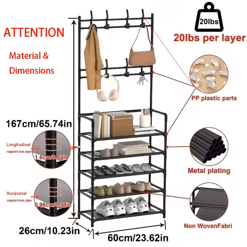 Shoppy Multifunctional Hallway Shoe & Hat Storage Rack – Freestanding Organizer, Shoe Shelves & Hanging Clothes Rack for Living Room, Entryway, or Balcony Shoppy multifunctional shoe and hat storage rack