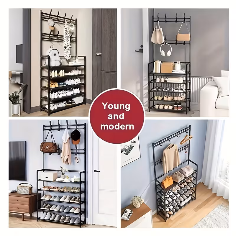 Shoppy Multifunctional Hallway Shoe & Hat Storage Rack – Freestanding Organizer, Shoe Shelves & Hanging Clothes Rack for Living Room, Entryway, or Balcony Shoppy multifunctional shoe and hat storage rack