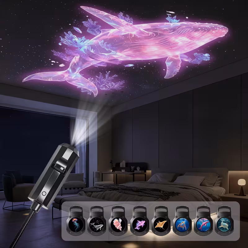 Shoppy Ocean-Themed Projection Light – 4/8 Panels, Dolphins, Goldfish & Pink Whales, 360° Rotating, USB Powered for Ceiling Decor & Nightlight Shoppy ocean themed projection light with slides