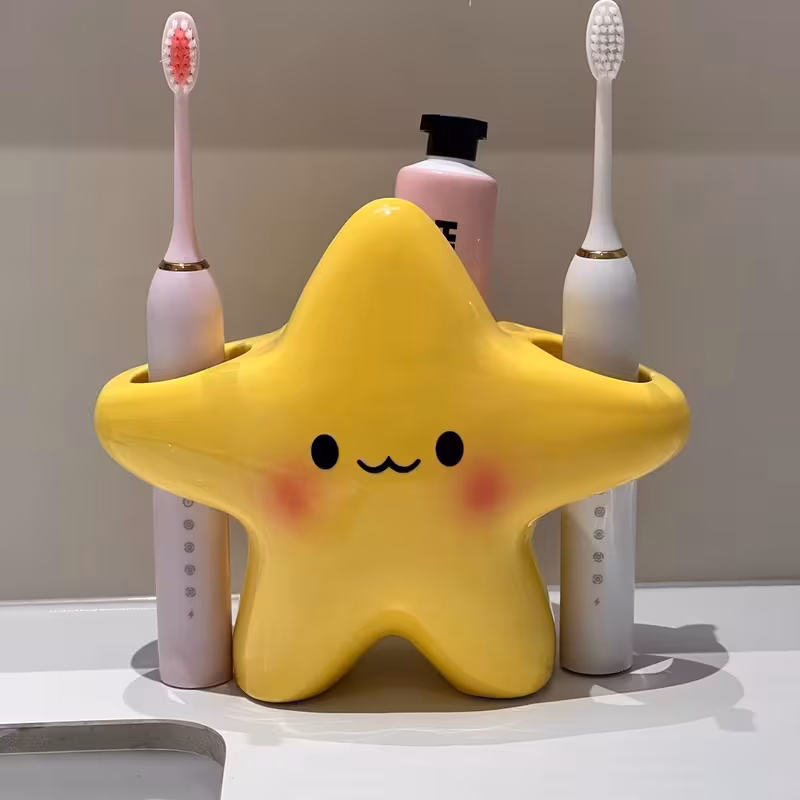 Shoppy Star-Shaped Toothbrush Holder – Cute Face Freestanding Bathroom Organizer, Space-Saving Plastic Toothbrush & Toothpaste Holder Shoppy star shaped toothbrush holder cute face