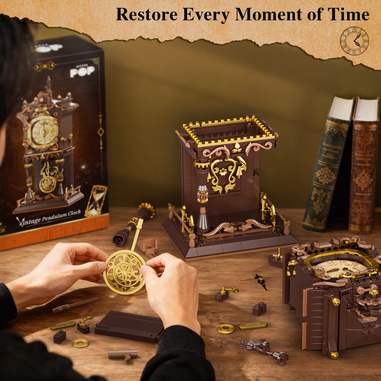 Shoppy Vintage Swing Clock Building Blocks Set – Real Working Mechanical Clock with Pendulum & Rotating Dial, Steampunk Home Decor Shoppy vintage swing clock building blocks set
