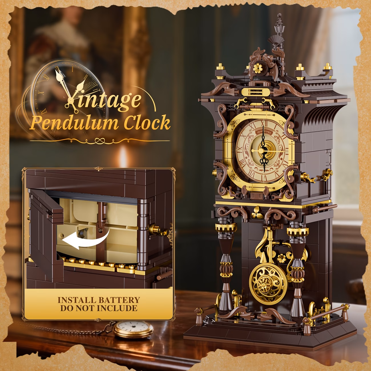 Shoppy Vintage Swing Clock Building Blocks Set – Real Working Mechanical Clock with Pendulum & Rotating Dial, Steampunk Home Decor Shoppy vintage swing clock building blocks set