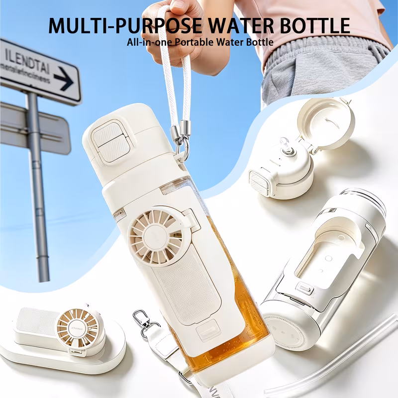 Shoppy 2-in-1 Water Bottle with Foldable Fan – 3-Speed USB Rechargeable, 690ml, Perfect for Summer Travel, Hiking & Outdoor Activities Shoppy 2 in 1 water bottle with foldable fan