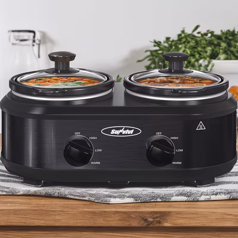 Shoppy 2-Pot 1.25QT Slow Cooker Buffet Server – Dual Ceramic Pots with Adjustable Temp, Stainless Steel Warmer for Parties & Family Meals Shoppy 2 pot slow cooker buffet server warmer