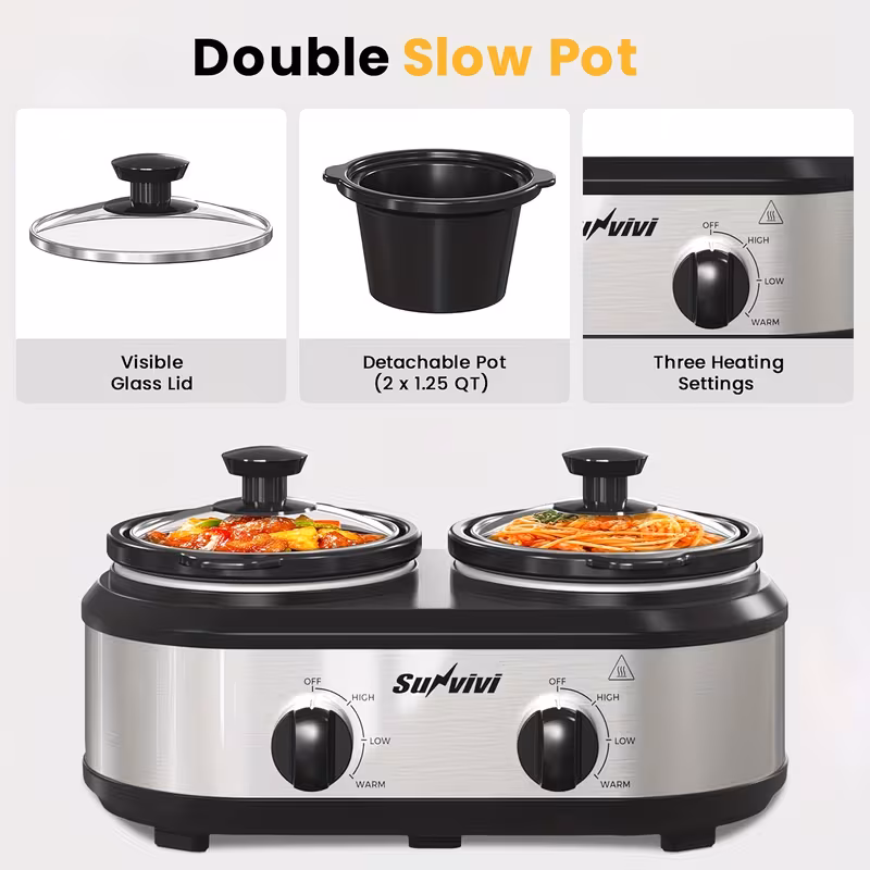 Shoppy 2-Pot 1.25QT Slow Cooker Buffet Server – Dual Ceramic Pots with Adjustable Temp, Stainless Steel Warmer for Parties & Family Meals Shoppy 2 pot slow cooker buffet server warmer